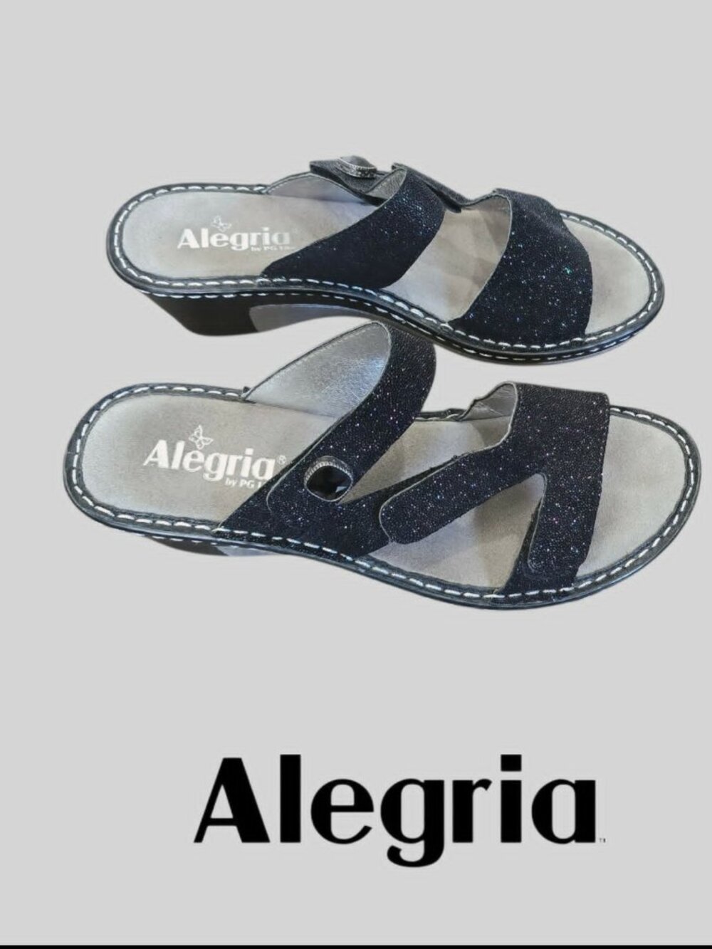 Alegria  Leather Black Glitter Loti Wedge Sandals Womens 9
